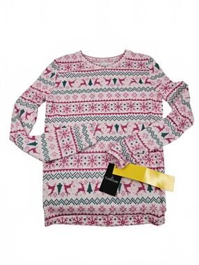 Cuddl Duds Girls' Pink & White Long-Sleeved Pajama Holiday Thermal Shirt Size 14